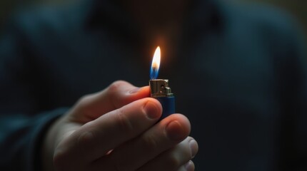 Macro view man fingers holding joint to lighter blue flame lighting