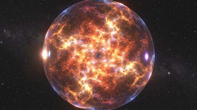 A volatile celestial orb of crackling fiery plasma approached by the camera in deep space