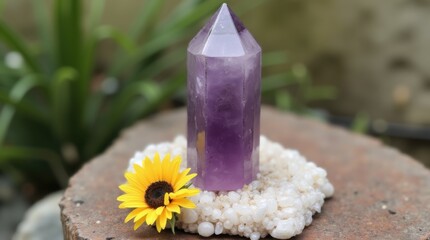 Minimalist sunflower crystal altar with selenite amethyst tower