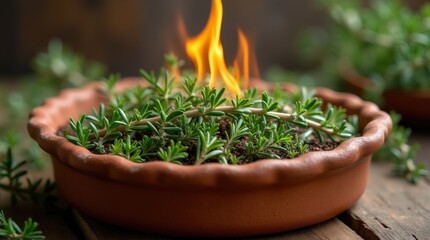 Mixed herbs rosemary thyme igniting in rustic terracotta dish