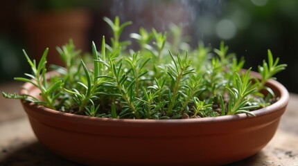 Mixed herbs rosemary thyme igniting in rustic terracotta dish