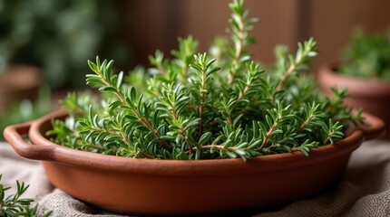 Mixed herbs rosemary thyme igniting in rustic terracotta dish