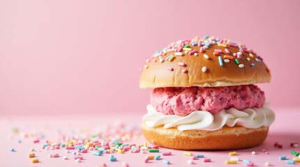 Playful pink dessert burger with sprinkles cream filling pastel backdrop