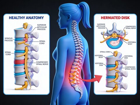 Educational Spine Anatomy Diagram of Herniated Disk Condition