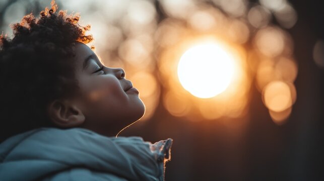 A young child gazes blissfully at a beautiful sunset, embodying innocence and joy, capturing the pure essence of childhood and the incredible beauty of nature's transitions.