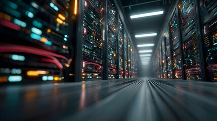 High-Speed Global Data Network in Server Room with Motion Blur Effect