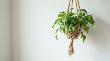 Pothos kokedama suspended by jute rope near white wall corner