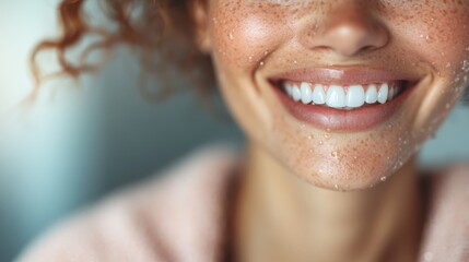 A close-up image of a smiling woman with freckles, glistening skin, and water droplets, radiating joy and freshness, perfect for beauty or wellness themes in stock photography.