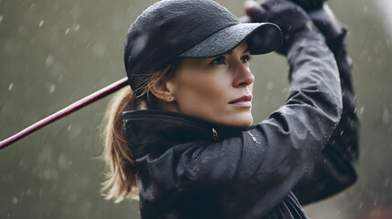 Focused Golfer in the Rain: A determined golfer, fully focused on her swing, battles through the rain, showcasing a mix of athleticism and concentration.