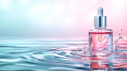 An exquisite glass dropper bottle displays a vibrant gradient liquid, surrounded by splashes of water, symbolizing luxury, beauty, and the artful world of cosmetics and skincare.