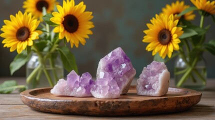 Sunflower altar with amethyst rose quartz clusters on wooden tray
