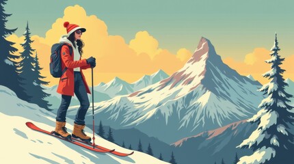 Stylish skier woman posing mountain summit vintage travel poster illustration