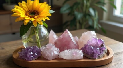 Sunflower altar with amethyst rose quartz clusters on wooden tray
