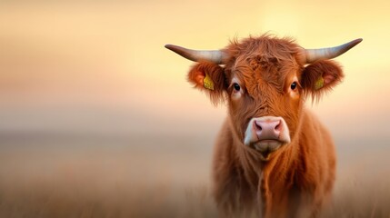 A charming Highland cow stands in a grassy field at sunset, showcasing the beauty of rural life and the majestic presence of this iconic breed against a golden sky.