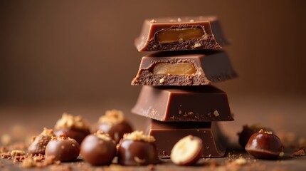 Towering chocolate bar stack hazelnut pieces oozing caramel luxury
