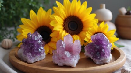 Sunflower altar with amethyst rose quartz clusters on wooden tray