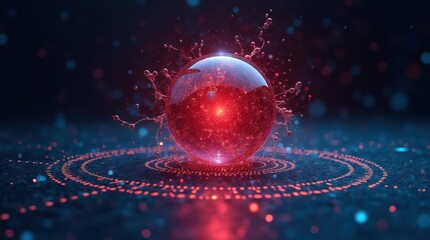 Vibrant red anomaly sphere breaking symmetry in blue orb sensor matrix