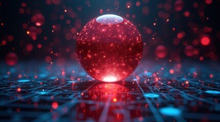 Vibrant red anomaly sphere breaking symmetry in blue orb sensor matrix