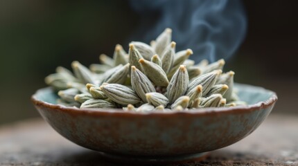 White sage bundle smoldering in unglazed ceramic abalone shell bowl