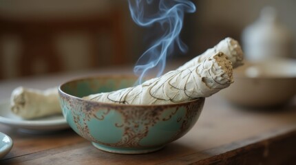 White sage bundle smoldering in unglazed ceramic abalone shell bowl