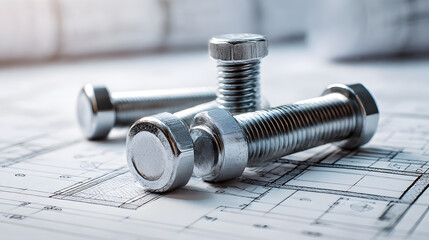 Mechanical Fasteners on Blueprint: Close-up of metallic bolts and nuts on an architectural blueprint, symbolizing construction, engineering, and the building process.
