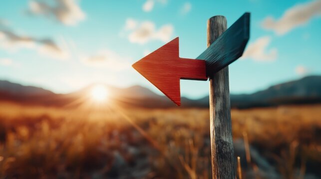 A rustic wooden signpost with red and black arrows points in different directions against a stunning sunset, symbolizing choice and adventure in nature.