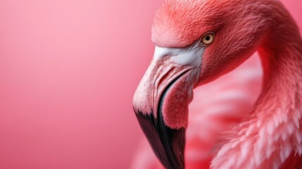 A vibrant close-up of a flamingo with impressive plumage, set against a soft pink backdrop that enhances its natural beauty and elegance in a tranquil setting.