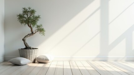 Zen meditation corner in serene white room with floor cushions, bonsai