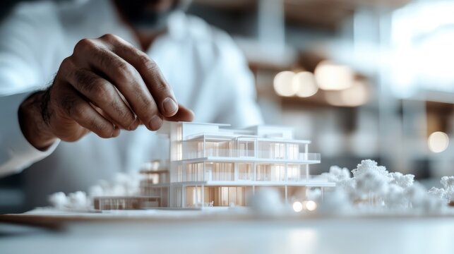 An architect carefully designing a miniature model of a modern building, showcasing creativity and precision in architectural design and innovation. - Powered by Adobe