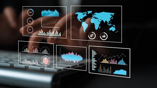 Futuristic Data Visualization with Interactive Charts and Maps Analyzing Global Trends and Metrics in a Digital Workspace Environment Gluon. - Powered by Adobe