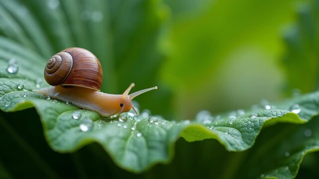 Macro snail gliding across crinkled cabbage leaf with morning dew