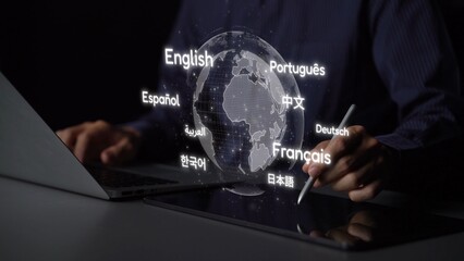 Global communication with multiple languages, digital translation tools, multilingual technology, cross-cultural communication, and virtual language learning environments. Muxer