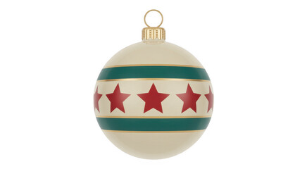 White Christmas ornament with red stars and green stripes isolated on a transparent background