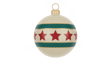White Christmas ornament with red stars and green stripes isolated on a transparent background