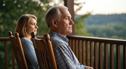 Mature couple sitting in rocking chairs on a porch, reflecting on a recent argument, seeking forgiveness and understanding in a serene outdoor setting with nature in the background