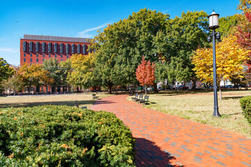 Peaceful city park walkway during fall season in Washington DC