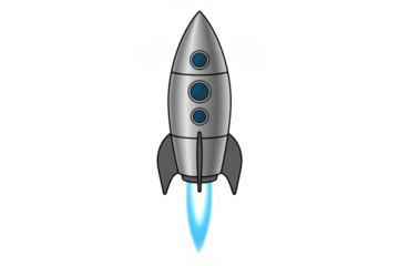Silver rocket ship with blue flames spaceship isolated on a transparent background
