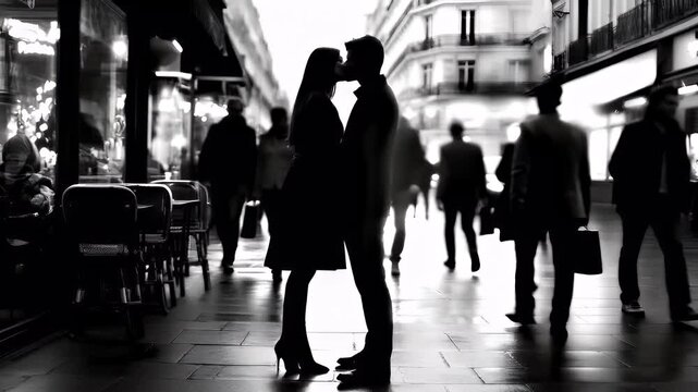 Paris, France, Europe. A black and white street scene featuring a couple in a passionate embrace on a city street. The man and woman are dressed in formal attire.