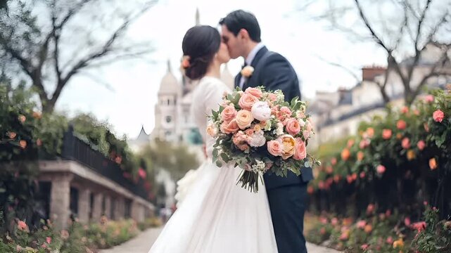 Paris, France, Europe. A bride and groom share a tender moment in front of the Basilica of the Sacred Heart of Paris, with their wedding bouquet in hand. The bride, in a flowing white gown.