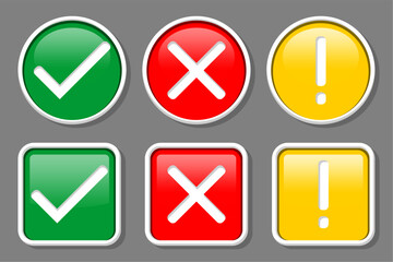Professional glossy green check mark red cross and yellow exclamation mark vector buttons set isolated on dark background for UI UX design web interface application status symbols
