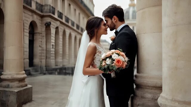Paris, France, Europe. A bride and groom pose for a wedding photograph in front of a historic building. The bride is wearing a white dress with lace detailing.