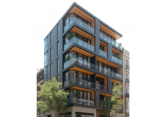 Modern apartment building with balconies and trees isolated on a transparent background