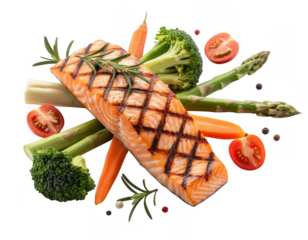 Grilled salmon with vegetables healthy food meal isolated on a transparent background