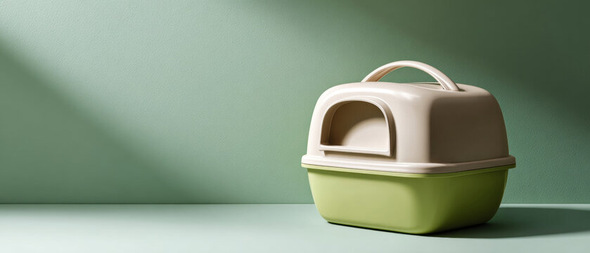 Closed beige and green plastic cat litter box with handle on pastel green background with soft shadow
