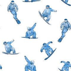 Seamless pattern, Set of hand drawn illustrations of snowboarders, winter sports