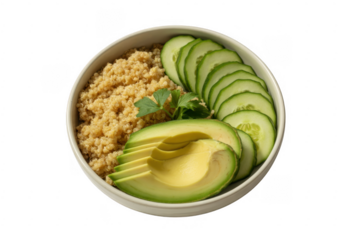 Bowl of quinoa with sliced avocado and cucumber food isolated on a transparent background