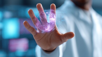 Futuristic Interface Interaction with Hand and Holographic Display Representing Virtual Technology and Data Management in a Modern Environment