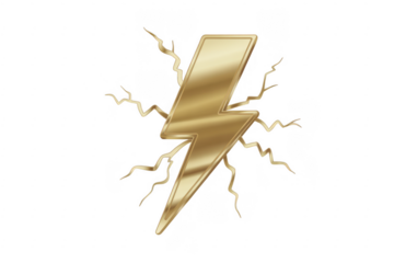 Gold lightning bolt with electric sparks energy isolated on a transparent background