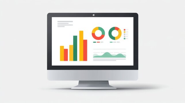 Colorful data visualization on a computer screen displaying bar charts, pie charts, and line graphs for business analysis and reporting - Powered by Adobe