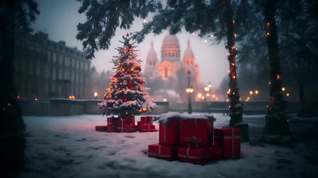Paris, France, Europe. A Christmas tree with red and white ornaments stands in the snow in front of a cityscape. The scene is set during the winter season.